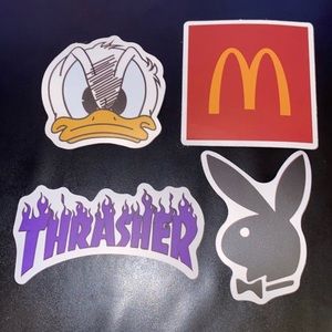 (4) Decal Stickers 1. Thrasher 2. DonadDuck 3. Playboy 4. McDonalds Logos anime